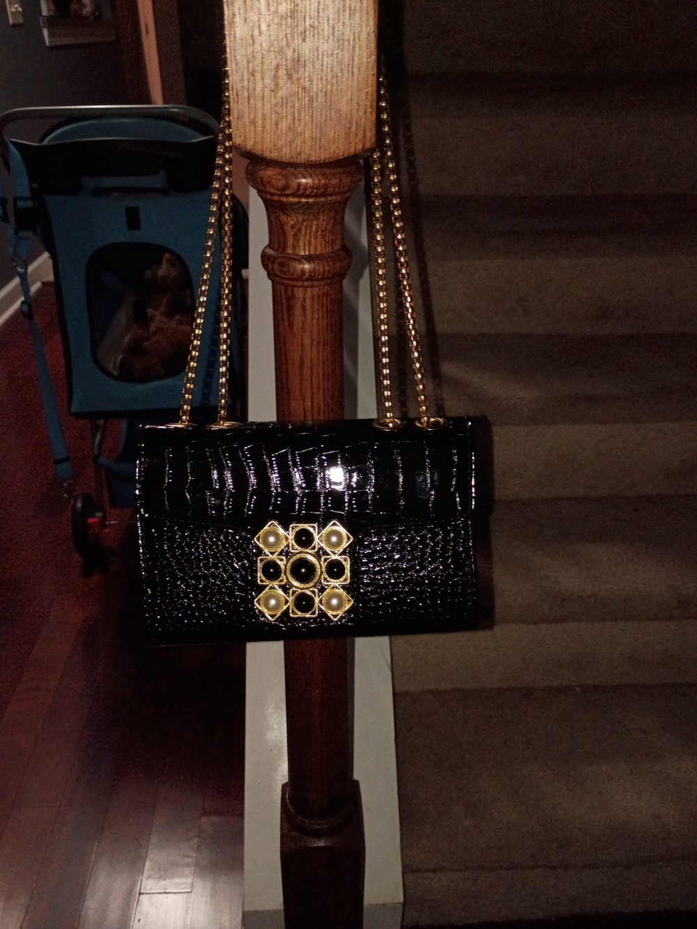 Black Patent Croc-Embossed Chain Shoulder Bag with Gold Accents